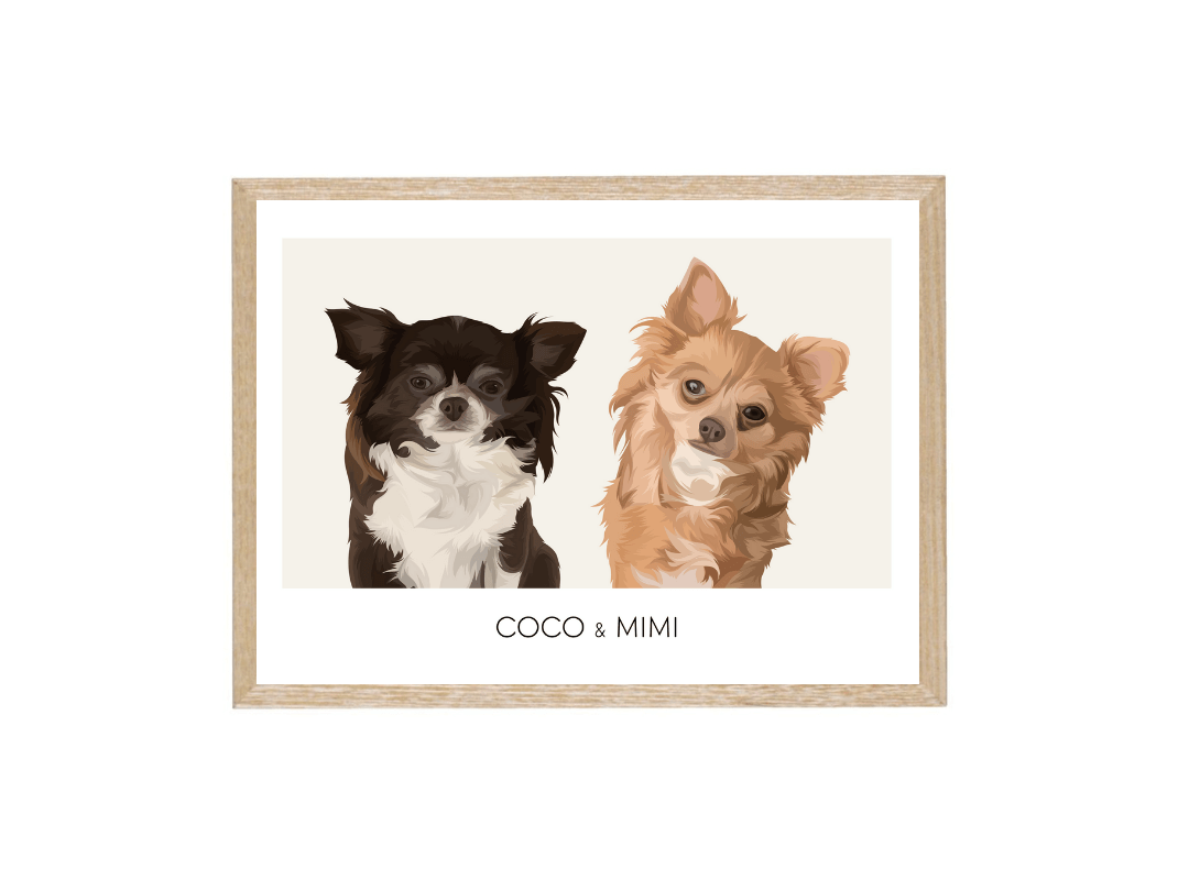 Huisdier portret beige met houte lijst en twee honden